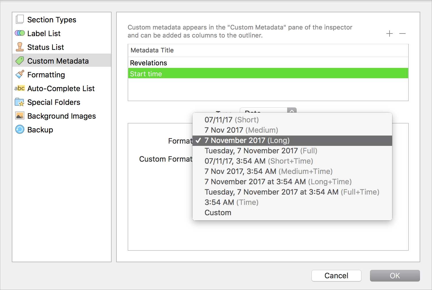 Custom metadata settings